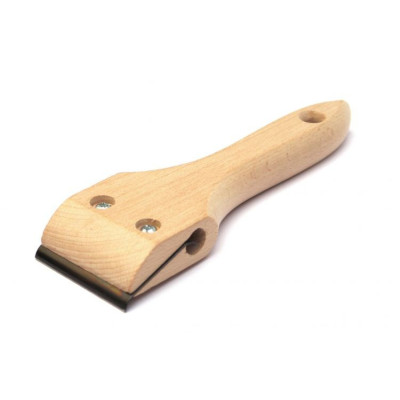 Skrobak, cyklina w oprawie drewnianej.