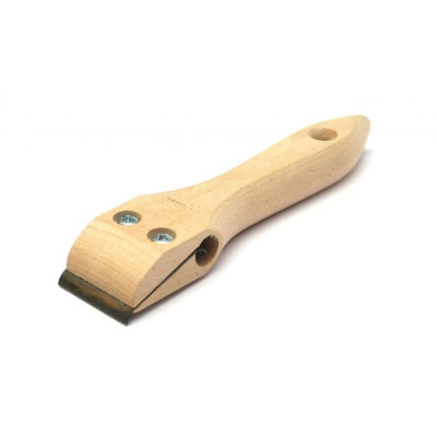 Skrobak, cyklina w oprawie drewnianej.